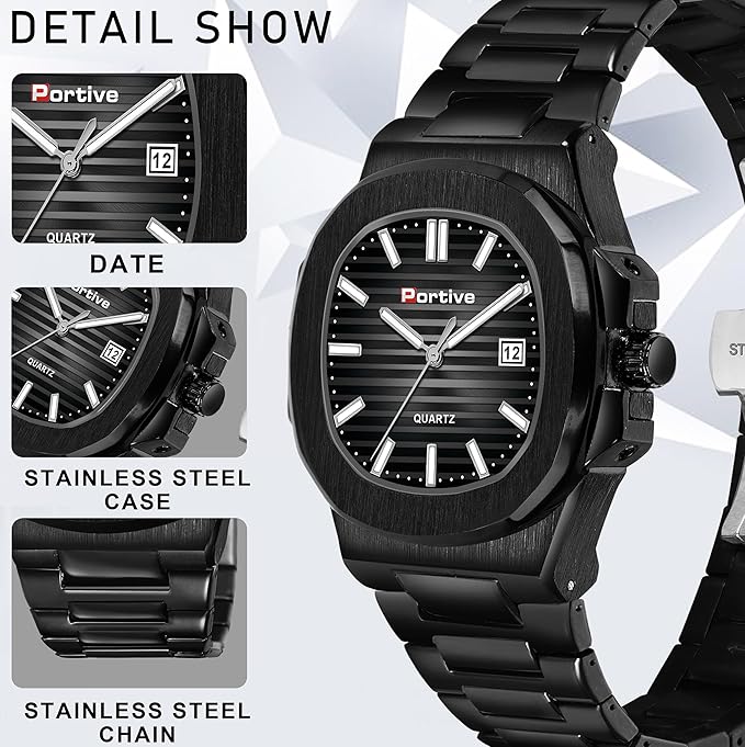 PORTIVE Steel Black -3002 Octagonal Analog Mens Watch (Black)