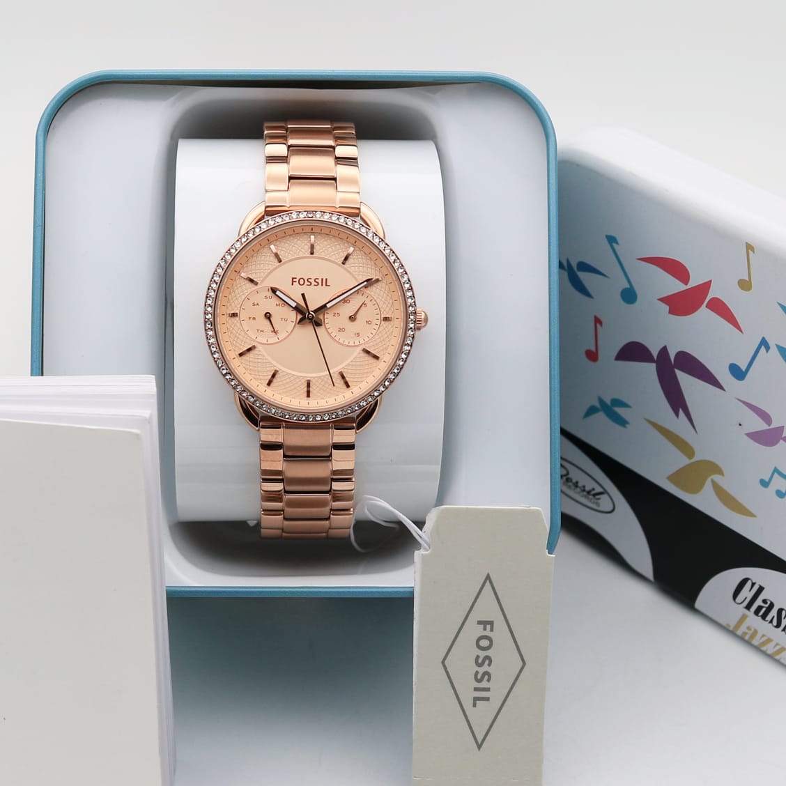 Fossil Rose Gold Dial New Metal Belt Diamond Studded Bezel Women’s Watch