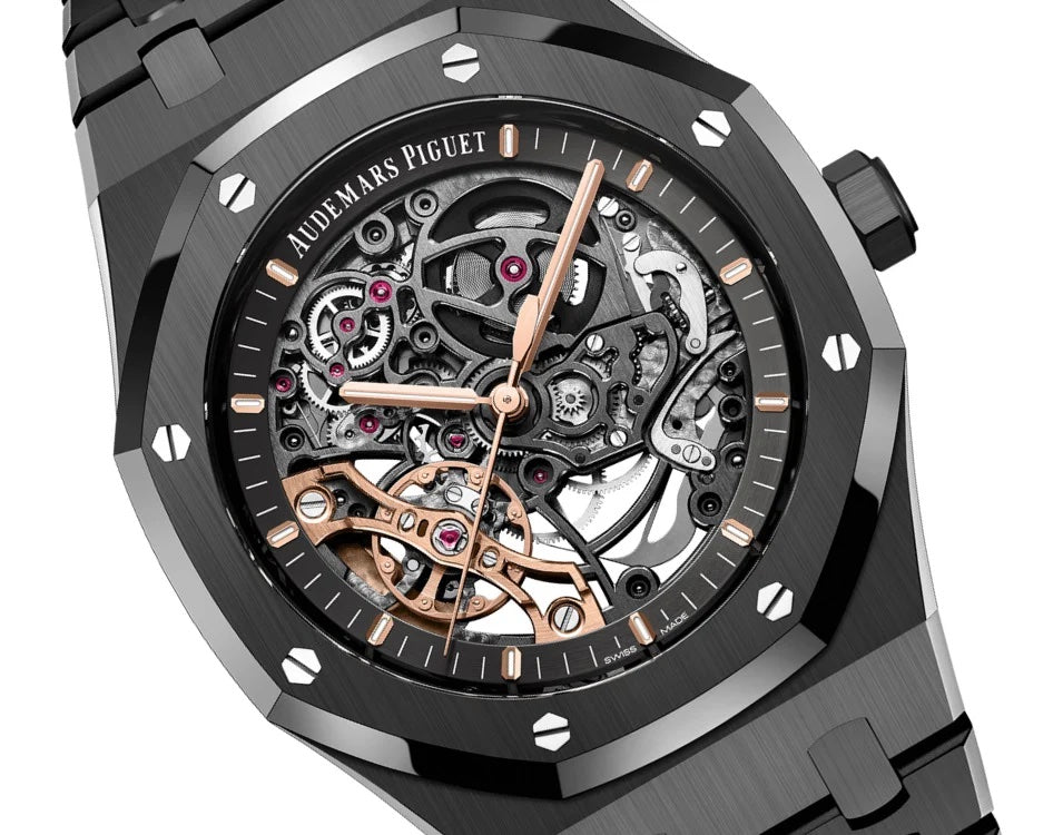 Audemars Piguet Royal Oak Double Balance Wheel Open worked Skeleton Dial Full Black Automatic Mens Watch