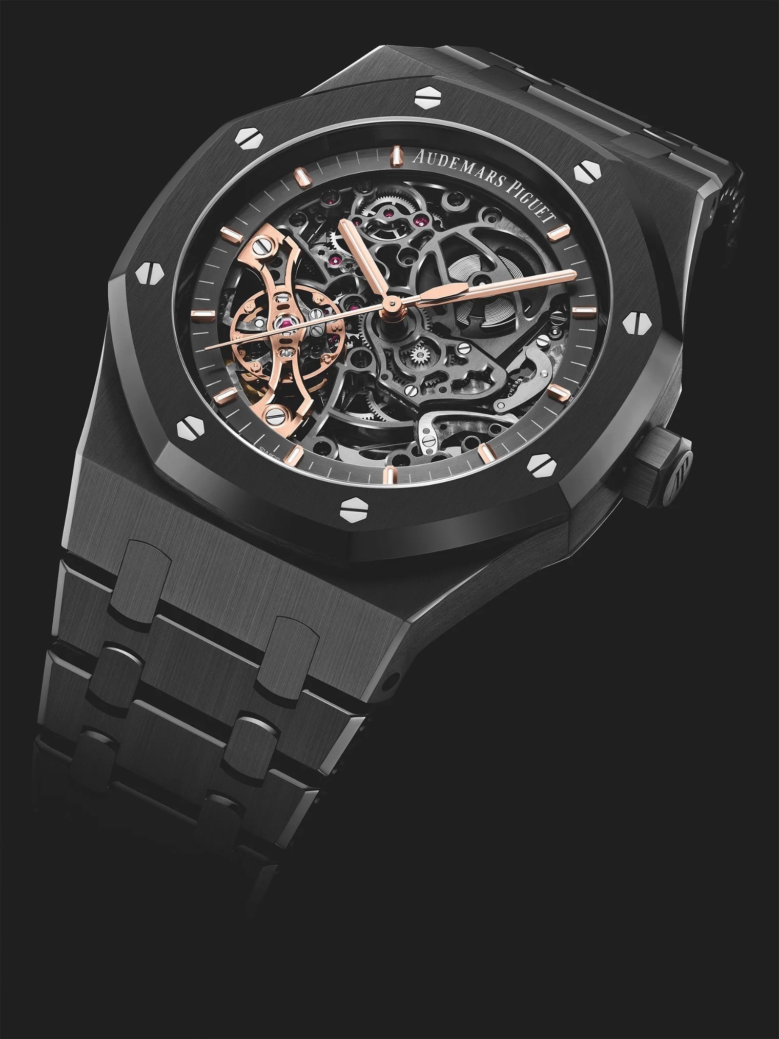 Audemars Piguet Royal Oak Double Balance Wheel Open worked Skeleton Dial Full Black Automatic Mens Watch