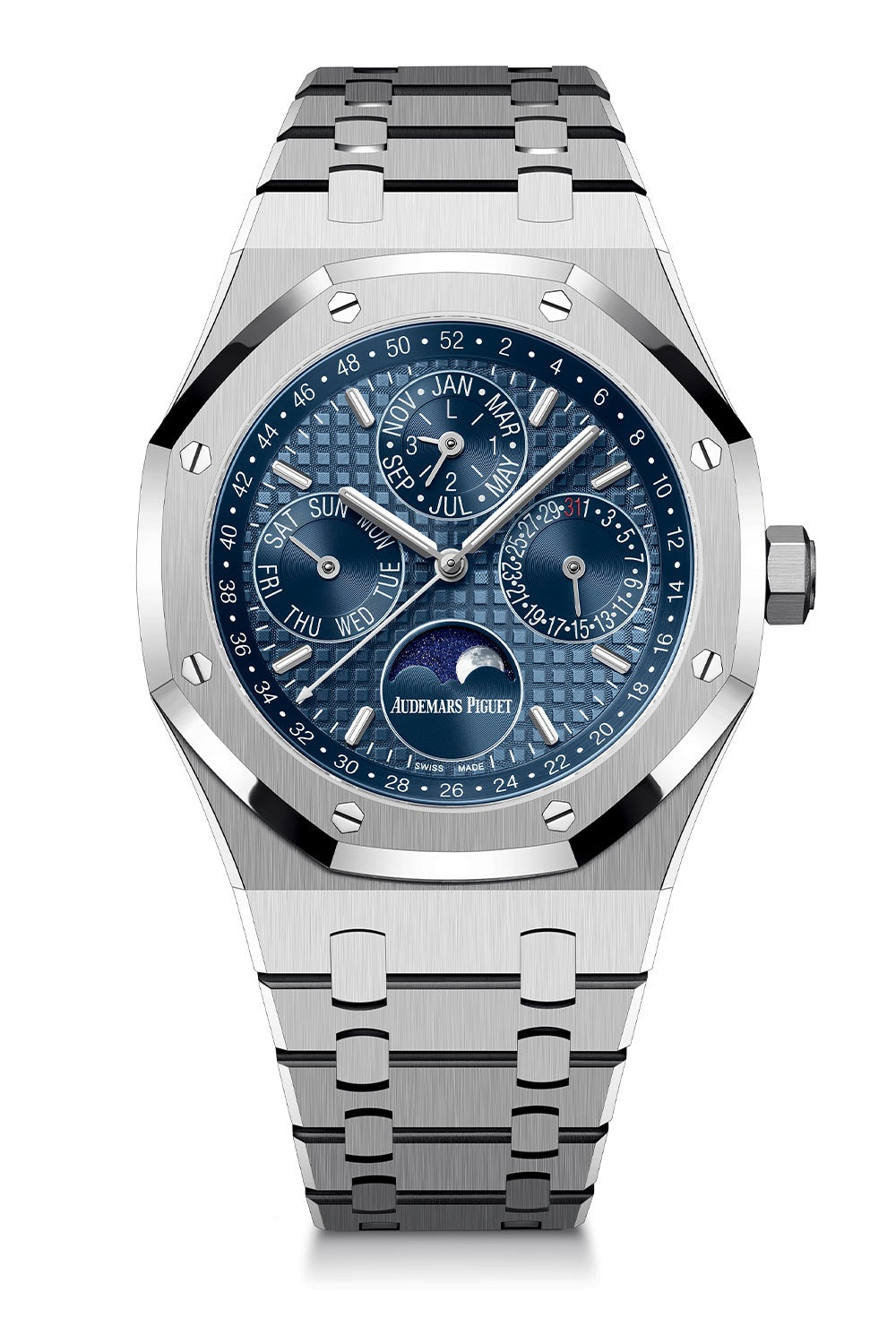 Audemars Piguet Perpetual Calendar Open Worked Silver Blue Dial Automatic Mens Watch