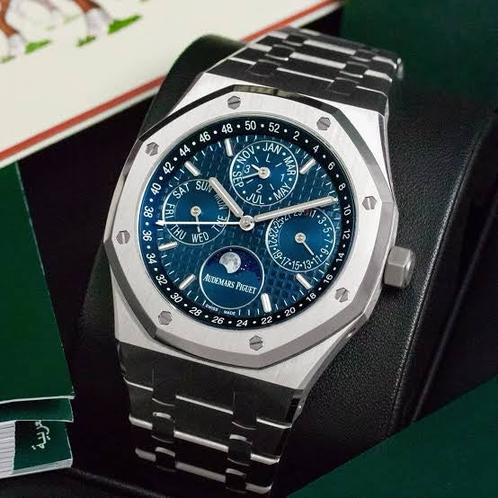 Audemars Piguet Perpetual Calendar Open Worked Silver Blue Dial Automatic Mens Watch