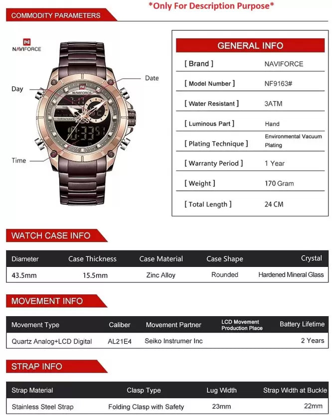 NaviForce (Orginal ) Analog-Digital Watch - For Men NF9163